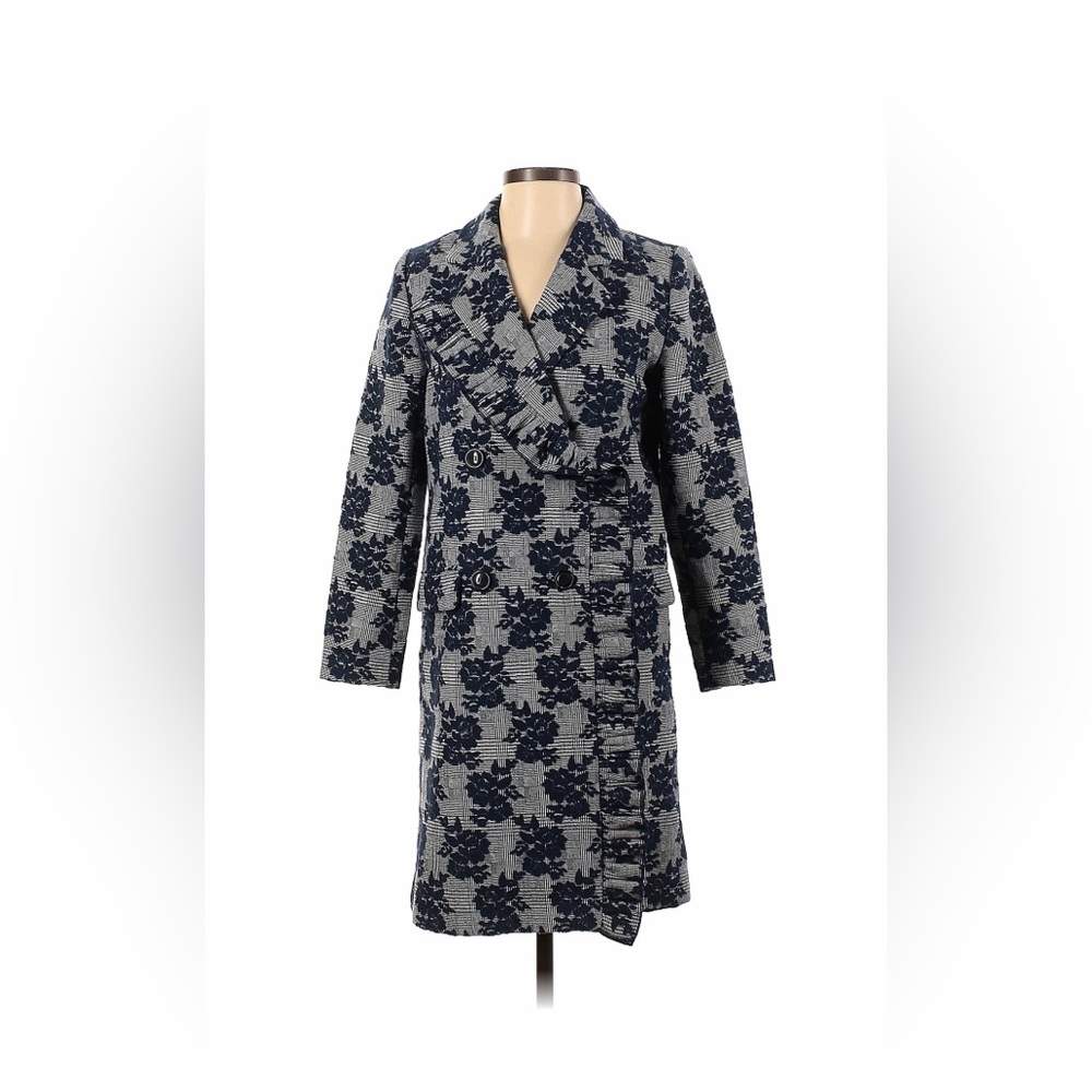 Halogen Stylish Gray and Blue Floral Ruffle Trim Long Jacket Coat - Picture 1 of 3